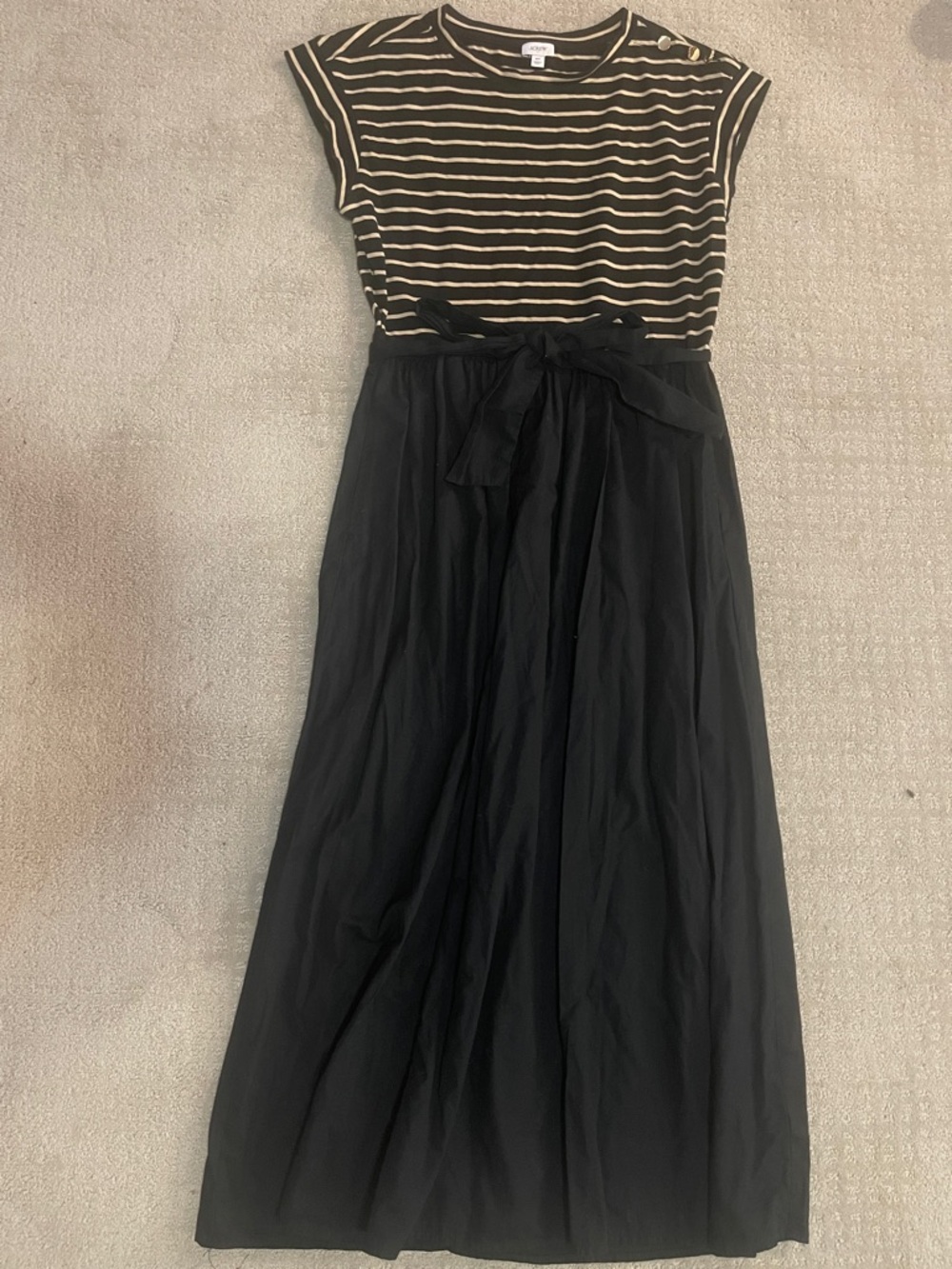 J crew medium MT Stripe Black tan Dress Tie Waist button botton  knit mixy